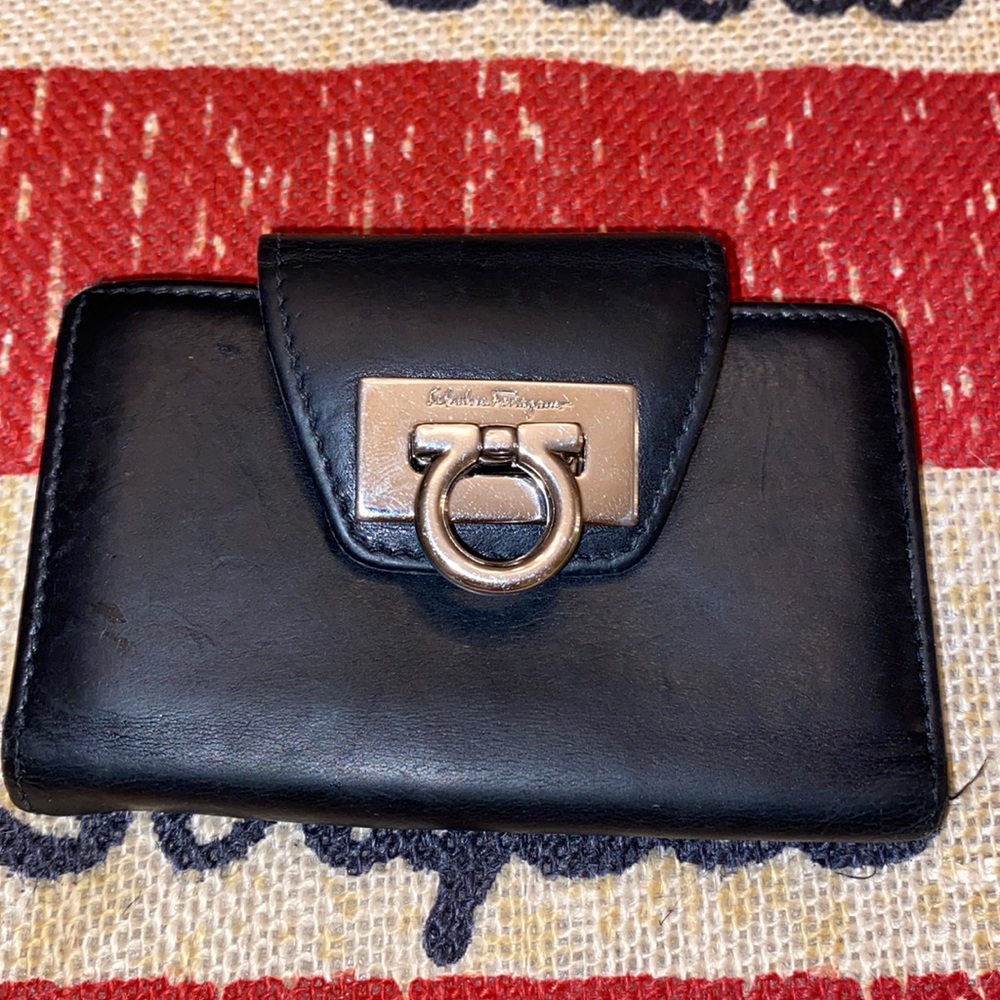 Salvatore Ferragamo Black Leather Cardholder/Keychain Wallet Silver Hardware